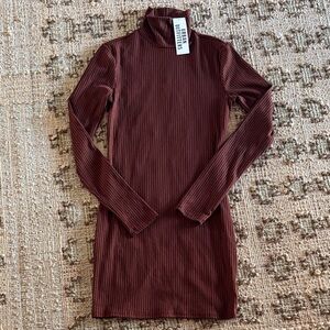 Warm Brown Ribbed Long Sleeve Turtleneck Dress